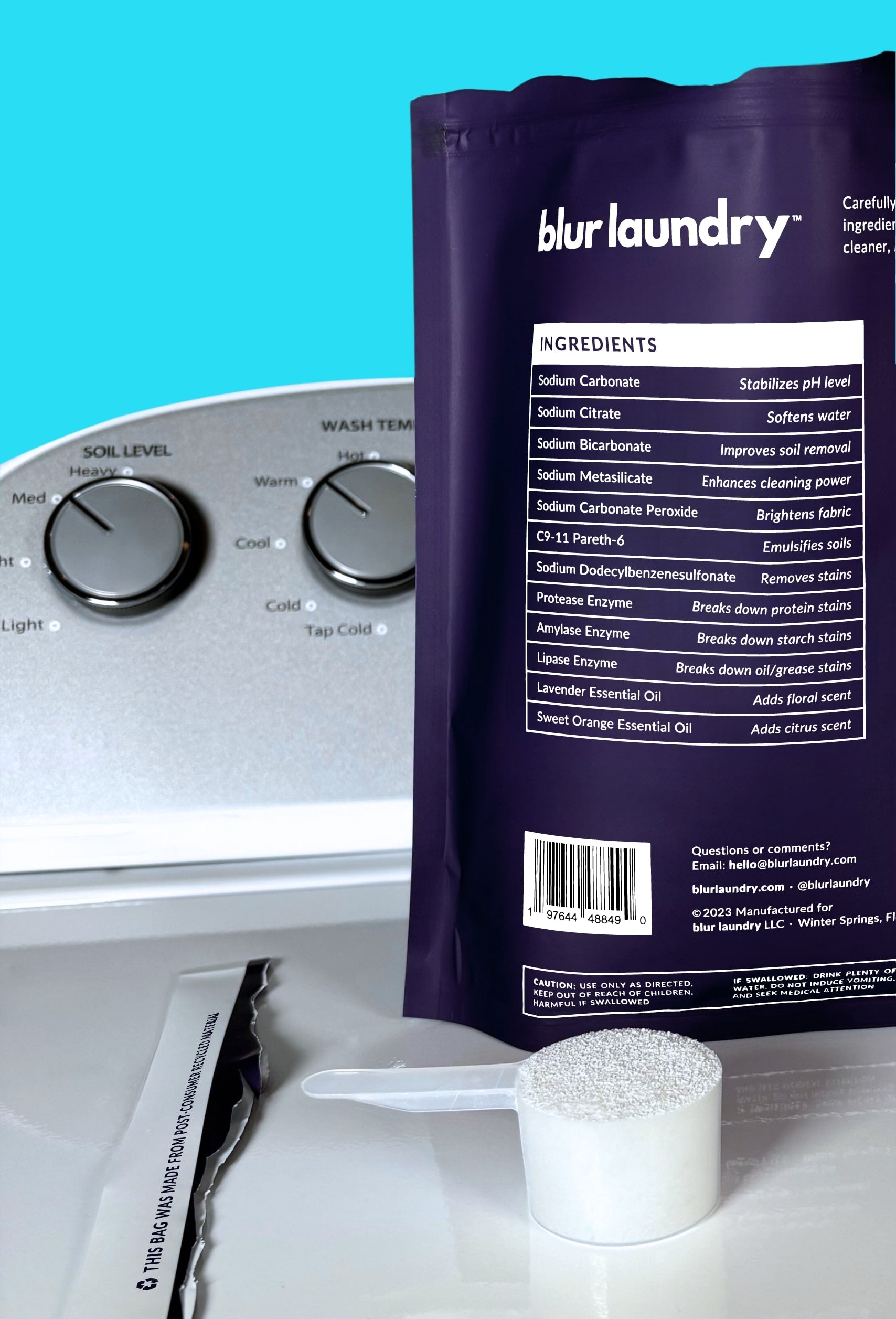 Laundry detergent powder bags on washing machine