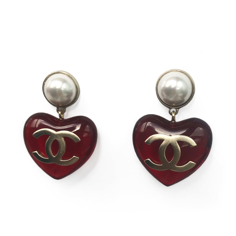 chanel red heart earrings