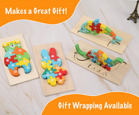 Wooden Montessori Puzzles Including: Dinosaur, Dolphin, Rabbit And Teddy Bear Patterns Puzzle