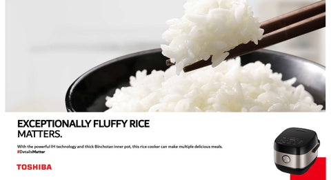 Chopsticks picking up a small portion of white rice, showcasing its fluffy texture. The background features a black bowl filled with rice. At the bottom, there is Toshiba branding and related information, emphasizing the quality and performance of the cooking appliance.