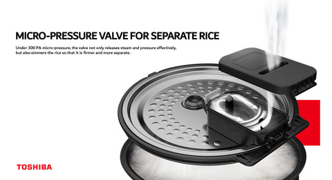 Close-up of a micro-pressure valve on a rice cooker lid, demonstrating steam release. The valve has a rectangular opening where steam is escaping. The lid features a metal surface with circular holes, and it is partially open to reveal the interior. The accompanying text on the left reads, 'Micro-pressure valve for separate rice,' explaining that this valve can effectively release steam and pressure while simmering the rice to create a firmer, more distinct texture. The Toshiba logo is displayed at the bottom left corner.