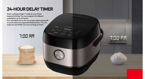 A Toshiba rice cooker on a kitchen counter, with a digital display showing the time as 7:00 PM. The background is split into two halves, indicating day and night, illustrating the 24-hour delay timer feature. On the left side of the counter, there's a burlap sack filled with uncooked rice. On the right side, there's a white bowl filled with steaming rice, suggesting that the rice cooker can have a meal ready at any time