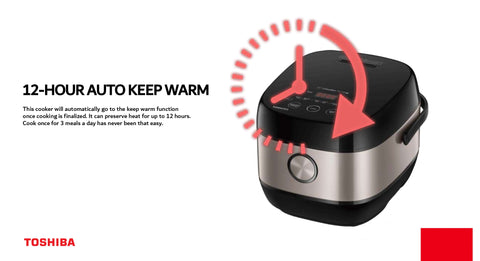 A Toshiba rice cooker with a large red clock overlay, indicating the 12-hour auto keep warm feature. The red clock face has an arrow pointing downwards, suggesting the cooker can keep food warm for up to 12 hours. The accompanying text explains that the cooker will automatically switch to the keep warm function once cooking is complete, preserving heat for an extended period. The Toshiba logo is displayed at the bottom left corner.
