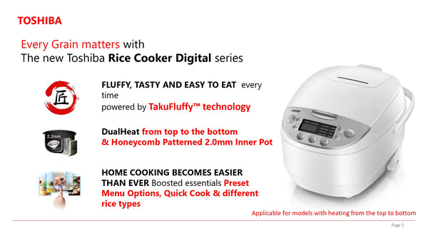 An infographic featuring a Toshiba rice cooker and several bowls of different dishes. The top left section shows the Toshiba logo and the text 'Every grain matters with the new Toshiba Rice Cooker Digital series.' The bottom left corner features a graphic of a cross-section of a rice cooker with heating elements and arrows indicating heat flow. The text emphasizes the 3D IH heating technology and mentions the benefits of exceptionally fluffy rice. In the middle section, there's a burlap sack filled with uncooked rice with a digital clock showing 7:00 PM. The right side provides details about the 12-hour auto keep warm feature.