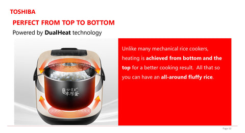 A cutaway illustration of a Toshiba rice cooker, emphasizing its DualHeat technology. The top half of the rice cooker is visible with glowing orange heating coils both at the bottom and the top, highlighting the uniform heating from top to bottom. Inside the pot, steaming white rice can be seen. To the right, the text explains that, unlike many mechanical rice cookers, this one achieves heating from the bottom and the top for better cooking results, leading to perfectly fluffy rice all around. The Toshiba logo is displayed at the top left corner.