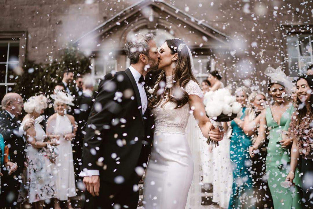 Wedding confetti photos featuring biodegradable paper confetti