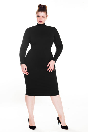 Long Sleeved Sheer Illusion Stripe Mock Neck Pencil Dress- JIBRI