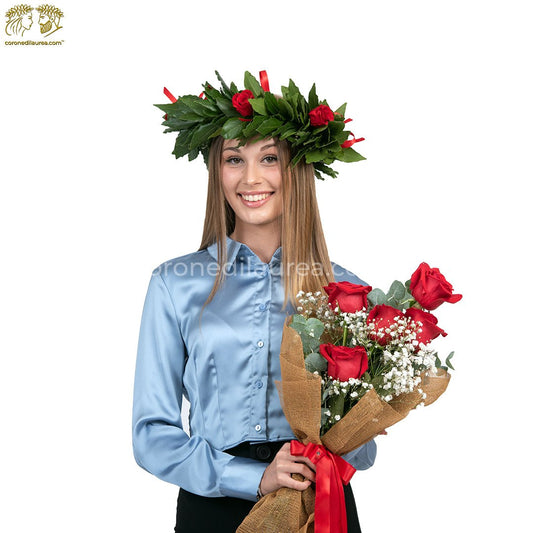 Corona di Alloro per Laurea con Roselline Rosse, Diamantini e Gipsofila -  FloralGarden