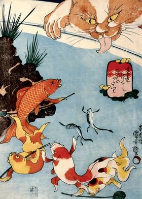 Cat and Goldfish by Utagawa Kuniyoshi