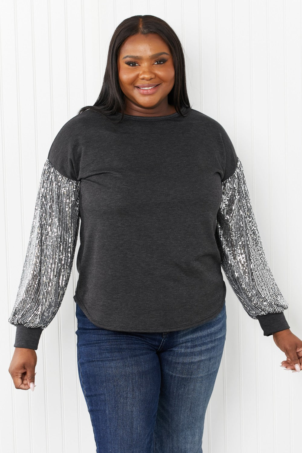 Sequin Puff Sleeve Curved Hem Top - Charcoal