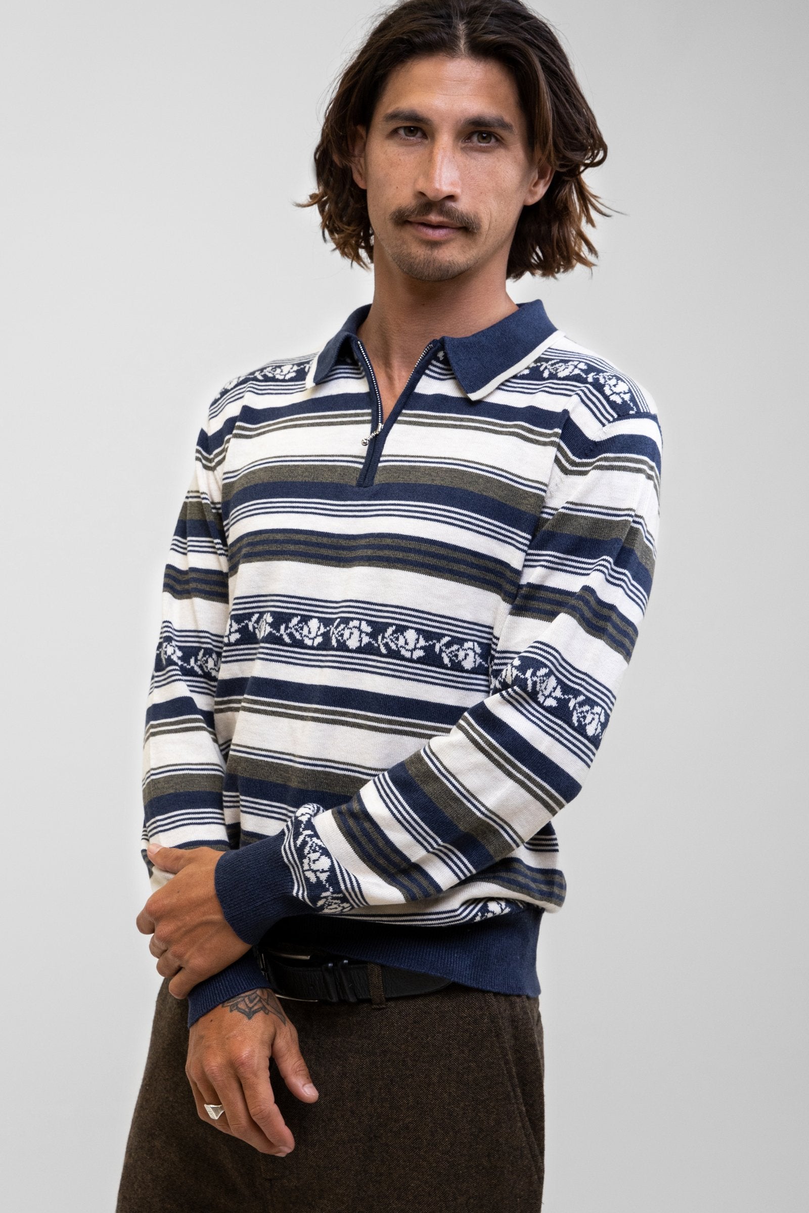 Libre Stripe Knit L/S Polo Olive