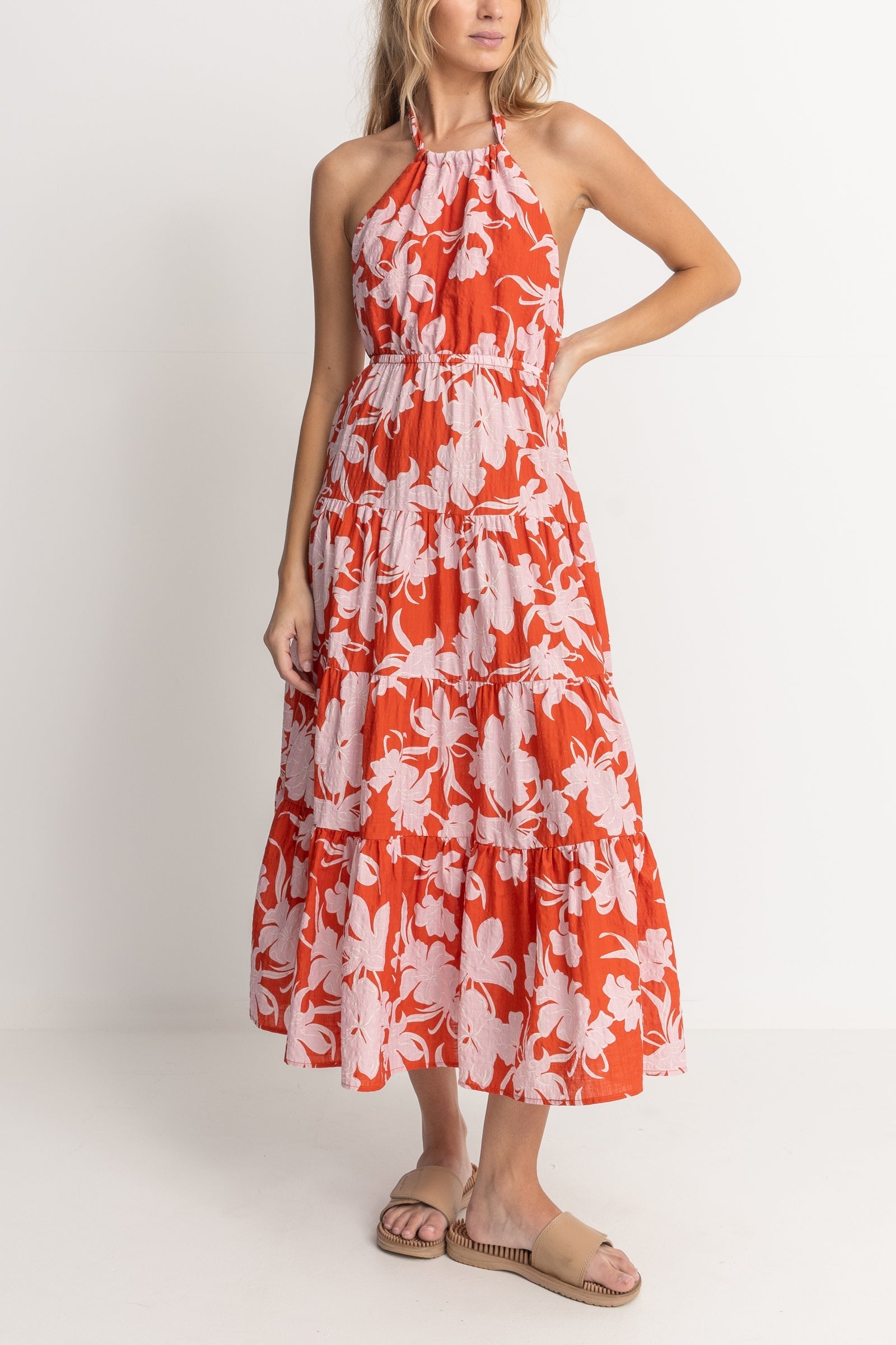 Catalina Floral Halter Tiered Maxi Dress Red