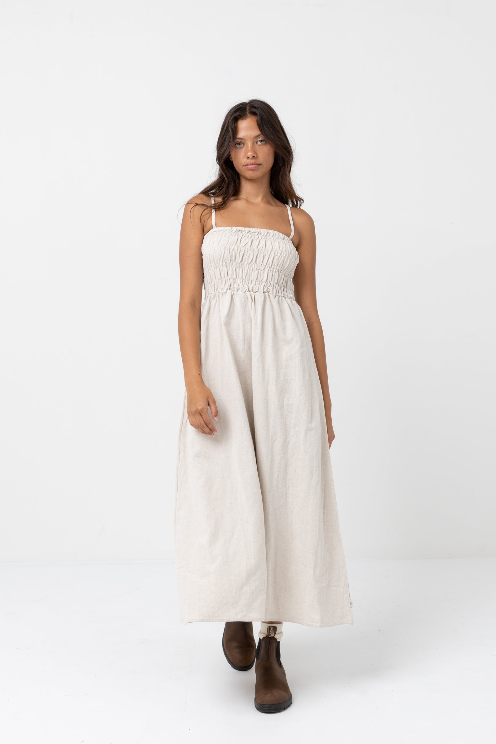 Classic Shirred Midi Dress Oat – Rhythm US