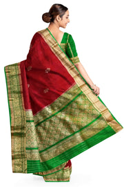 Organza silk saree in maroon with gold &  silver motifs and banarasi pallu & border