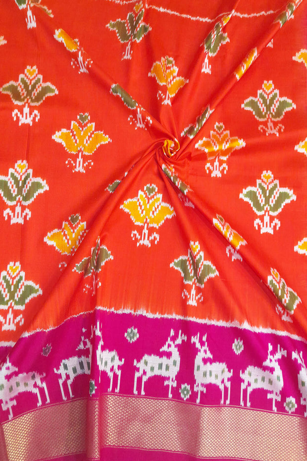 Handwoven Ikat pure silk unstitched lehenga material in orange with pl