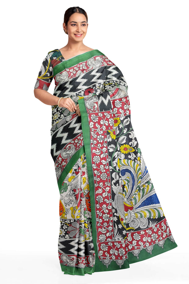 Off-white Floral Motif Kalamkari Silk Saree| Peepal Clothing