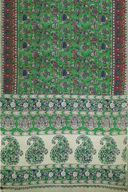 Printed Kalamkari pure cotton saree in green with  plant & animal motifs