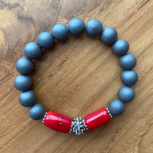 Hematite and Red Coral Bracelet