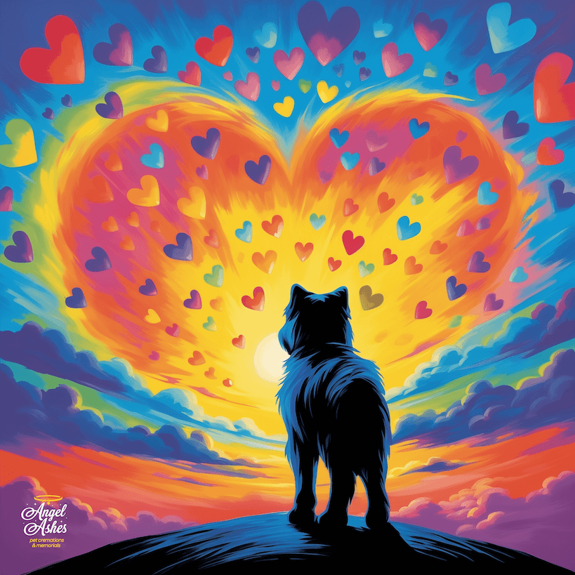 A vibrant illustration featuring a silhouette of a cat standing atop a hill, gazing towards a radiant sunset. The sky is painted in vivid hues of blue, orange, and purple, with the sunset resembling a large heart shape. Multicoloured hearts of various sizes float around the sky. The logo "Angel Ashed" are placed at the bottom corners of the image.