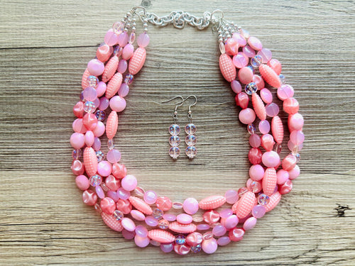 Pink and White Multi Layer Bib Necklace with Adjustable Golden Chain -  Galapagos Tagua Jewelry