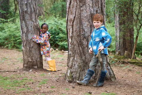 children wearing waterproof jackets in forest