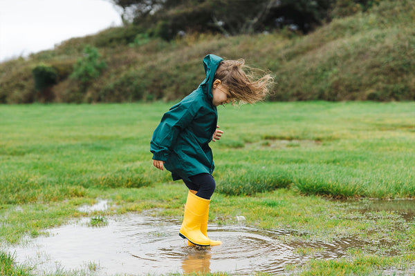 Wellies splashing in puddle