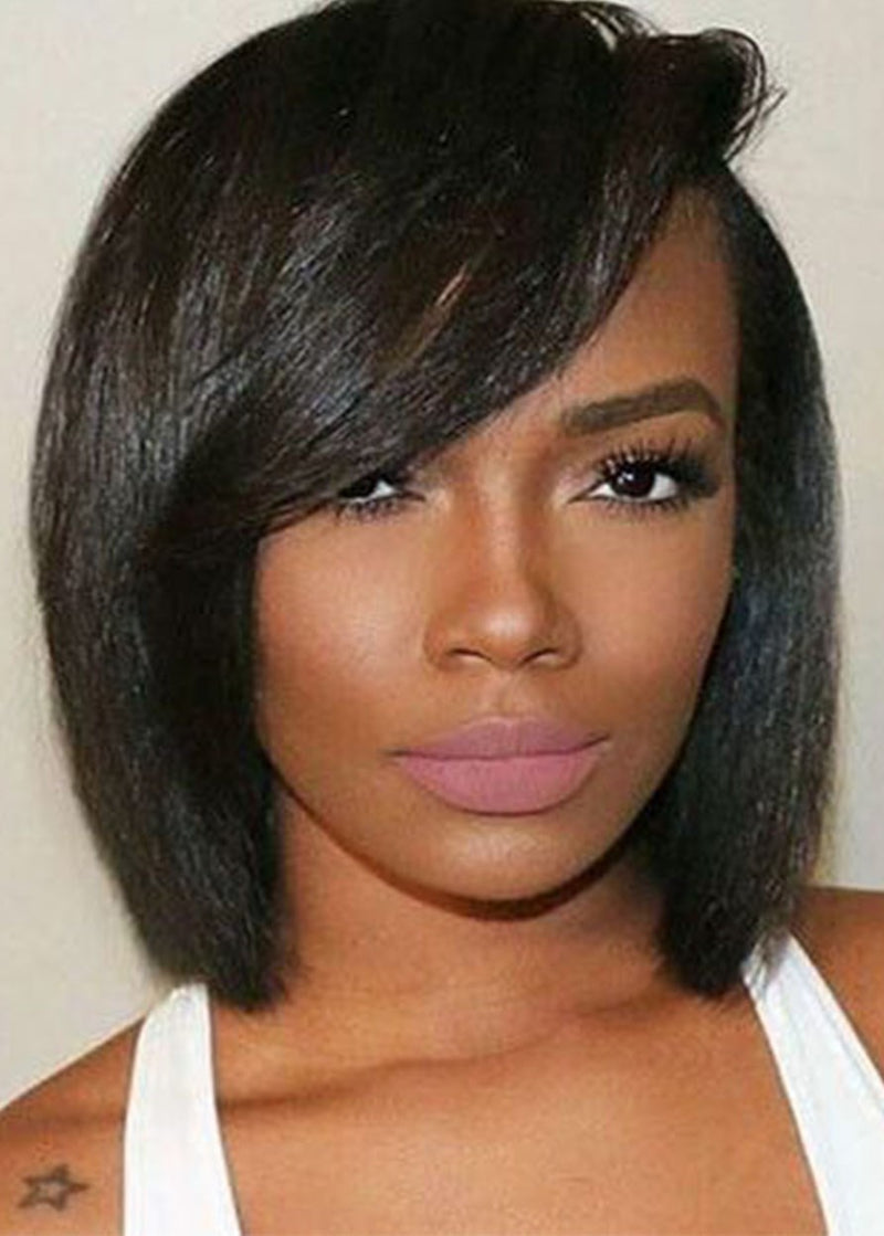 Short Bob Hairstyles Side Part Wigs With Bangs Straight Synthetic Hair Capless Wigs For African American 12inch