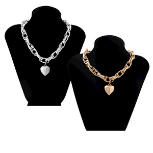 Ladies Gold Heart Pendant Chunky Circle InterLink Chain Choker Party Necklace