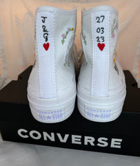 Embroidered backs of Converse with initials, date of wedding and hearts