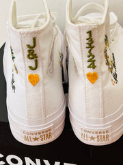 Embroidered Converse backs with lettering in gold and green thread and gold hearts