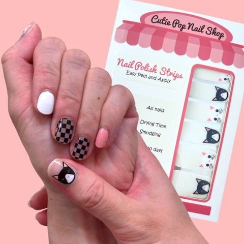 Cute cat nail sticker with checkered pattern; nail strips