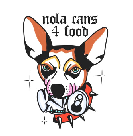 Nola Cans for Food logo of a dog with a can in their mouth