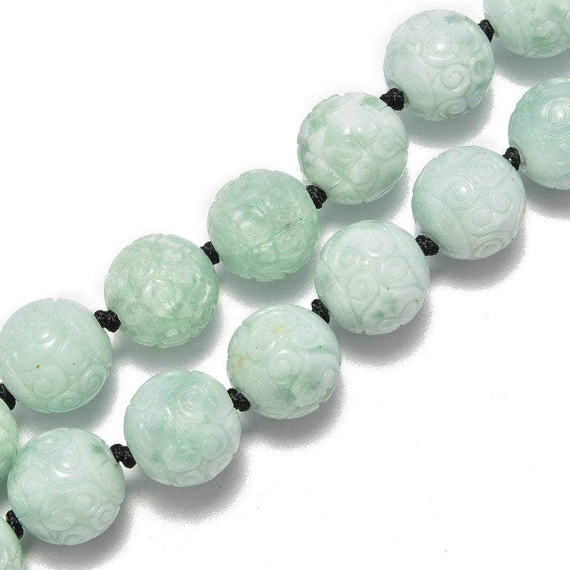 2.0mm Large Hole Natural Green Moonstone Carved Round Beads Size 18mm 8'' Strand