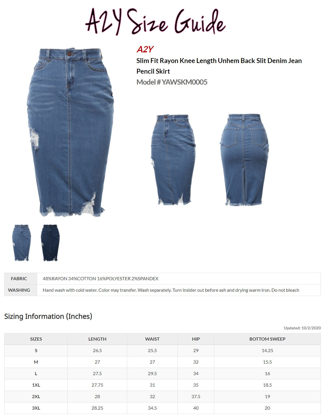 Slim Fit Rayon Knee Length Unhem Back Slit Denim Jean Pencil Skirt Dar – A2Y