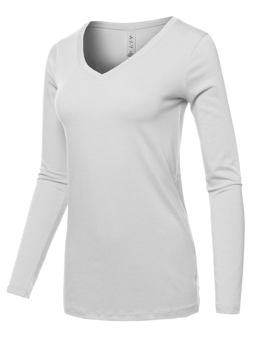 Basic Solid Soft Cotton Long Sleeve V-neck Top T-shirt – A2Y