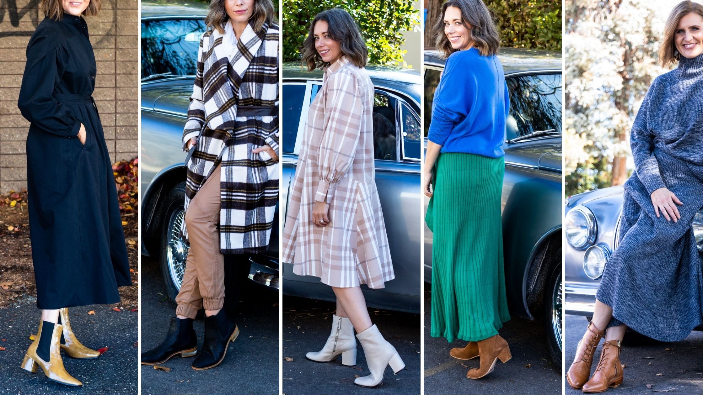 Styling ideas for Autumn Winter 2022 fashion and shoes. A series of Photos of models wearing ankle boots to demonstrate how to style ankle boots this season at Sissa Sorella.