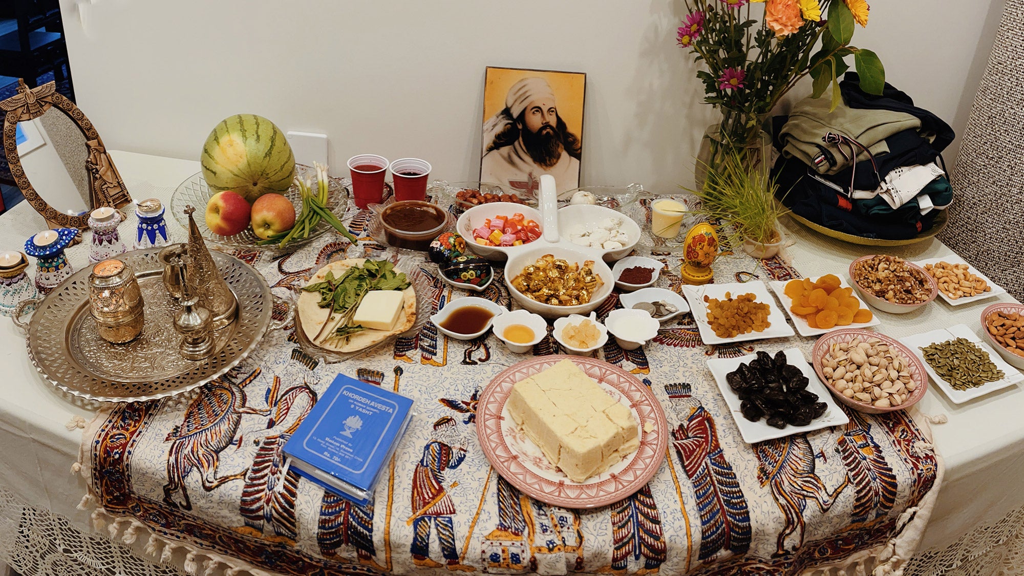 Traditional Sofreh Haft-Sin setup on a table