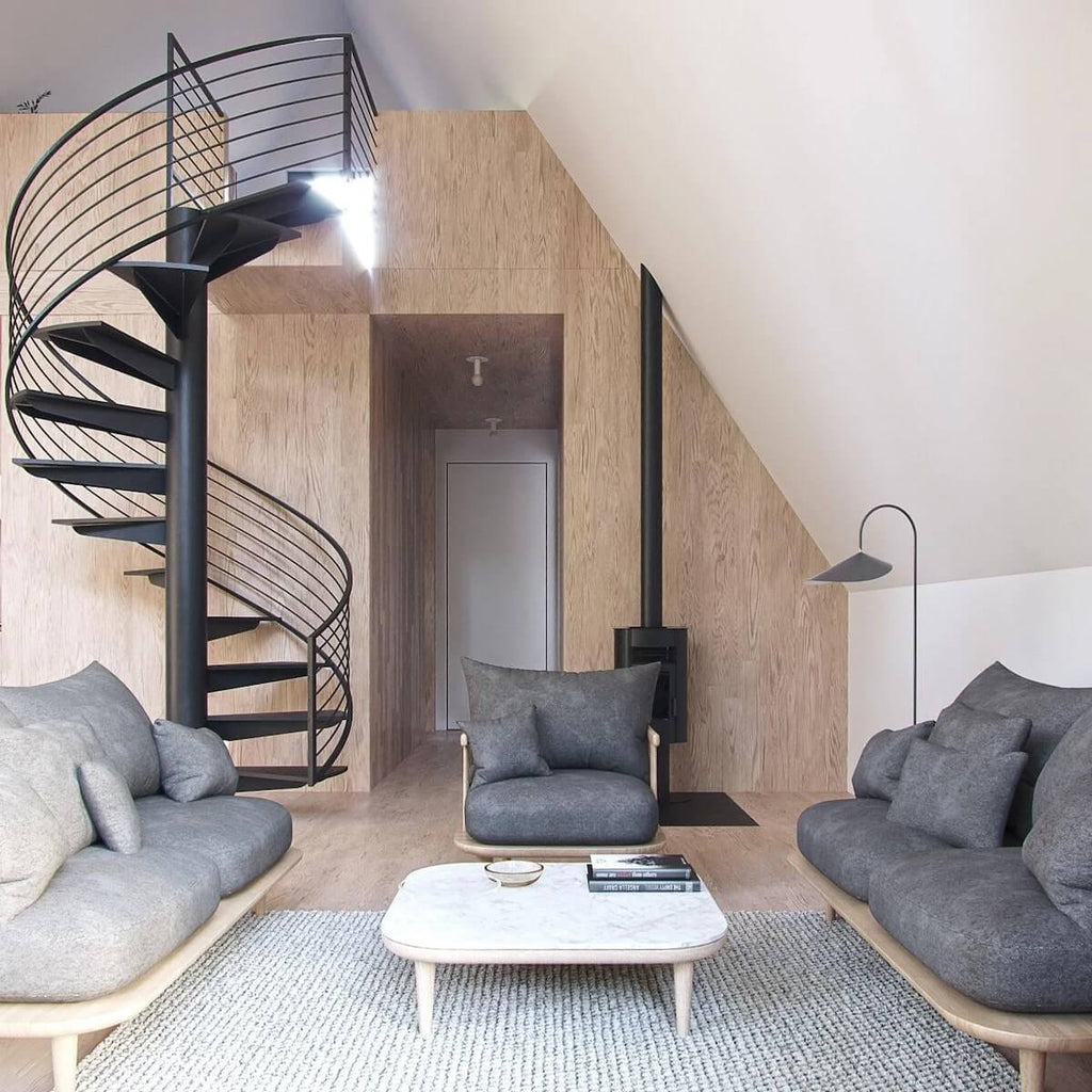 Living room with a spiral staircase