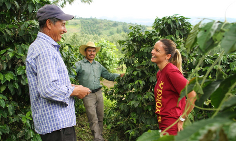 Mayorga Coffee team member chats with two coffee farmers on coffee farm