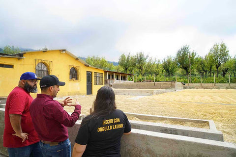 Team members from Mayorga Coffee meeting with coffee farmer on coffee farm