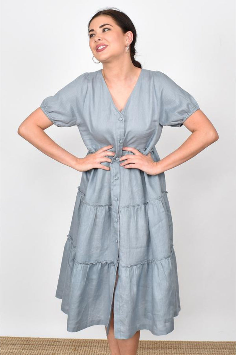 ADORNE CLOTHING Gracie Layered Linen Midi Dress - Steel Grey – Smoke ...