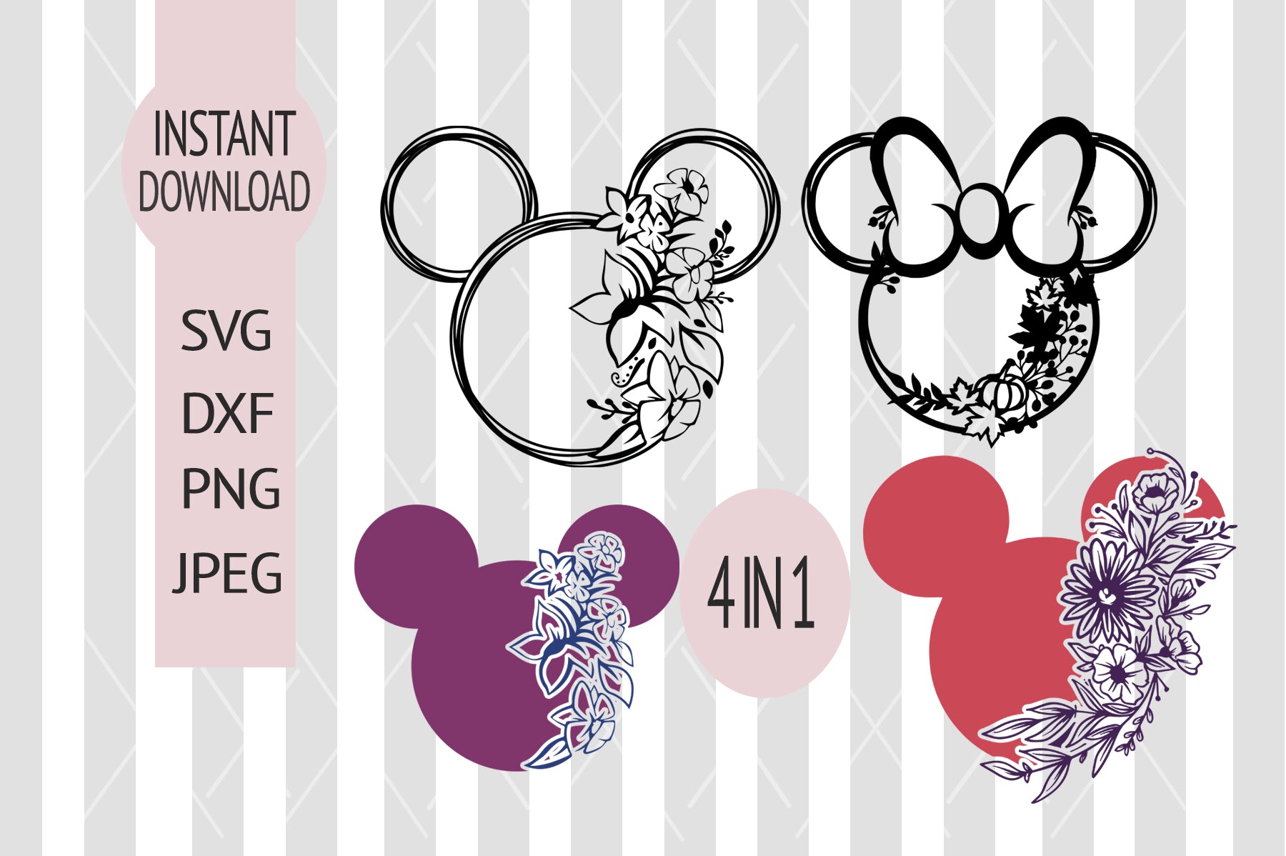 Disney Minnie Mouse Floral Wreath SET SVG Cute - digital download - cu
