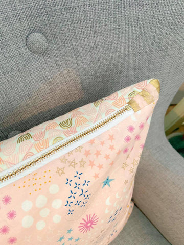 Exposed Brass Zipper on Quilted Pillow Cover