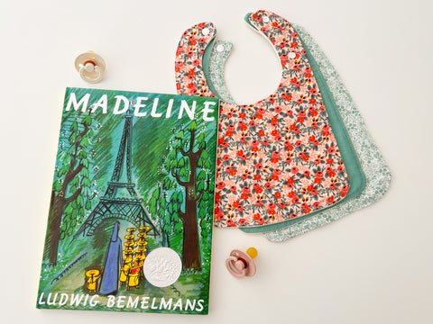 Floral baby bib set with the Madeline children’s book