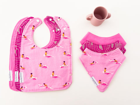 pink baby bibs in long and bandana size