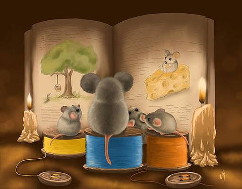 mice family reading a bedtime story