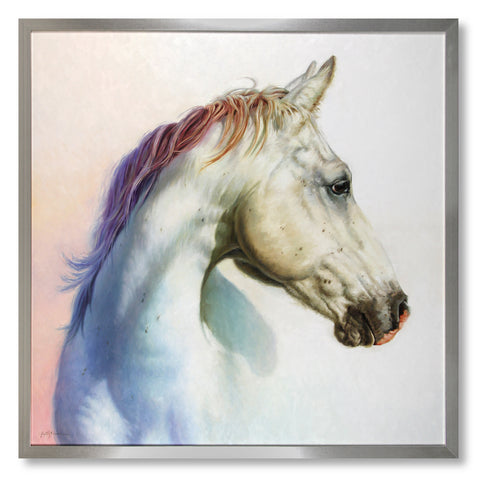 Spirit horse painting of a white horse with rainbow mane