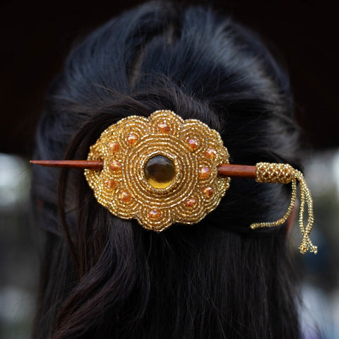 Handmade golden nugget gold beaded hair barrette and pin statement piece native american jewelry