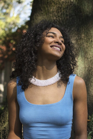 woman wearing white chantilly lace choker necklace native american jewelry