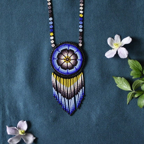 wind blue yellow white gray black beaded necklace medicine bag fringe native american jewelry